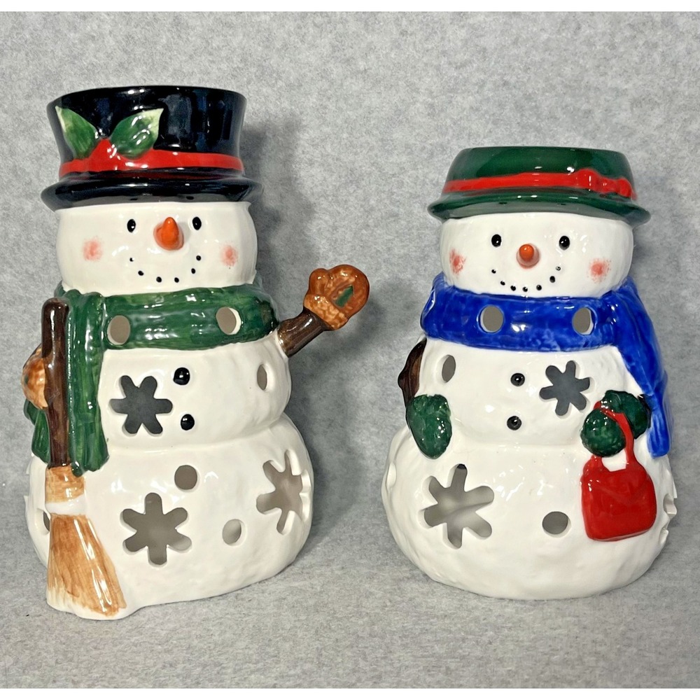 Yankee Candle Snowman Snowwoman White Tea Light Votive Holders Set 2 Christmas